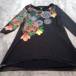 Desigual Womens Floral Tunic Top Size Medium 3/4 Sleeve Boho Artsy Fairycore